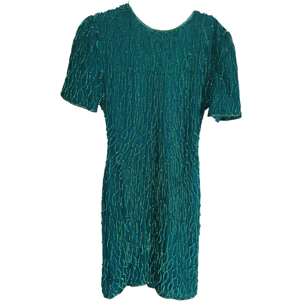 VTG 90s Laurence Kazar Silk Sequin Beaded Sheath Dress Small Green Event Glam